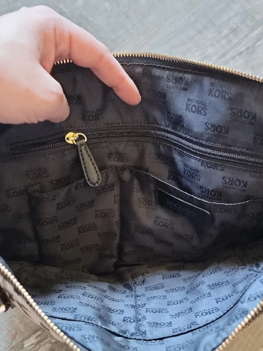 Michael Kors Beige and Black MK Logo Tote with Gold Charm